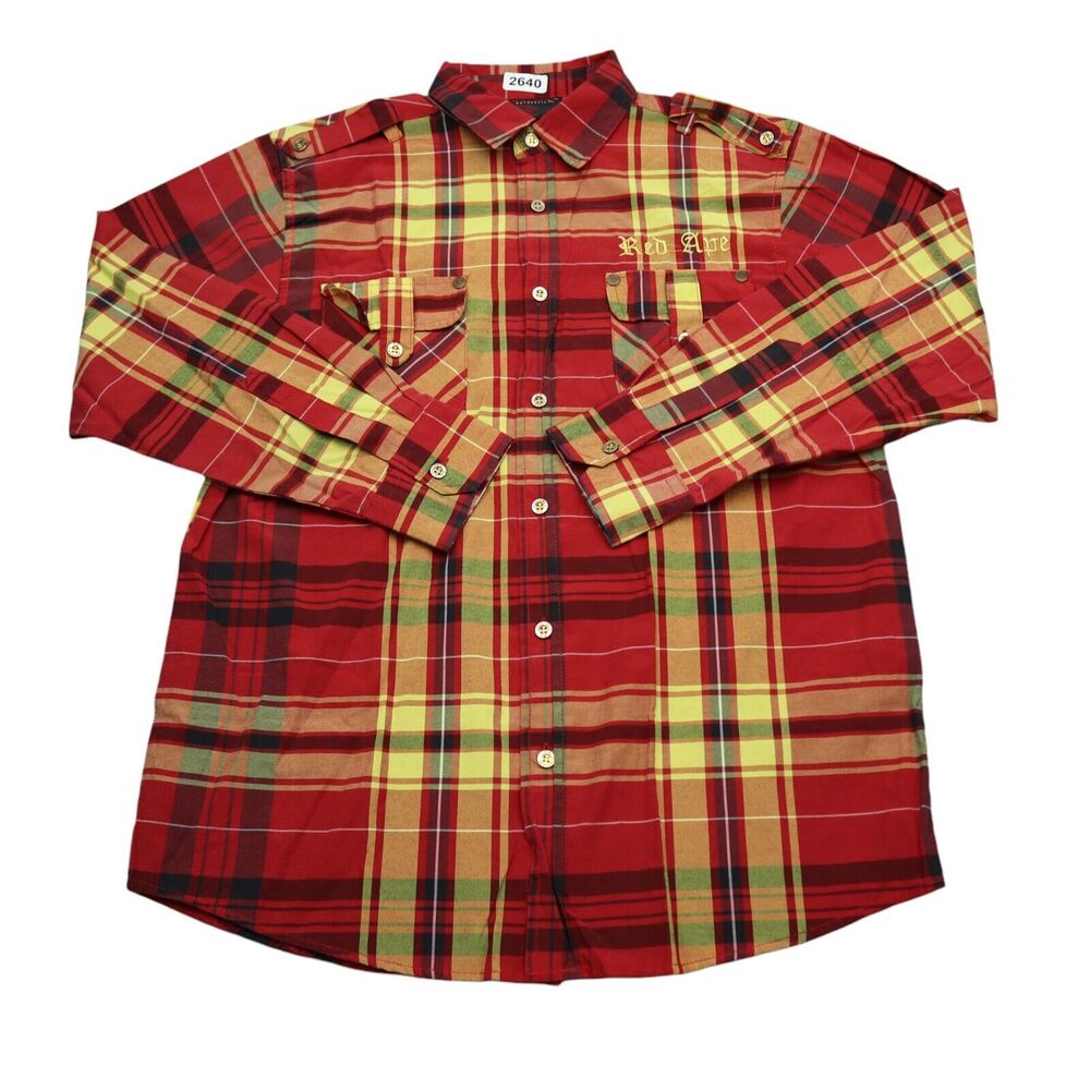 Red Ape Shirt Boys L Red Yellow Plaid Button Up Long Sleeve